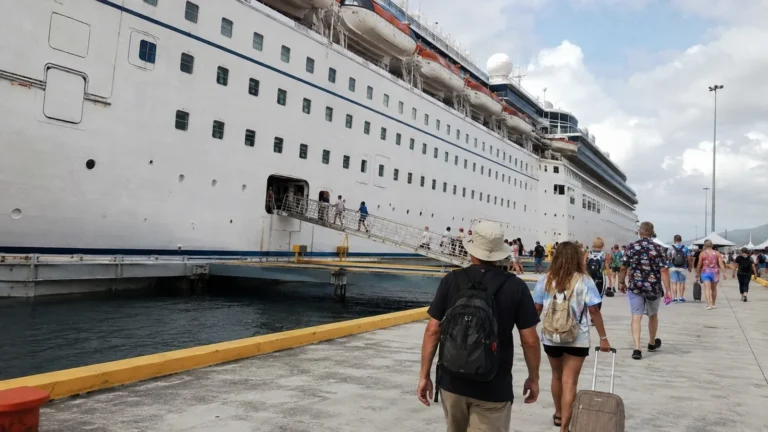 Passengers walking along a pier beside a large cruise ship.