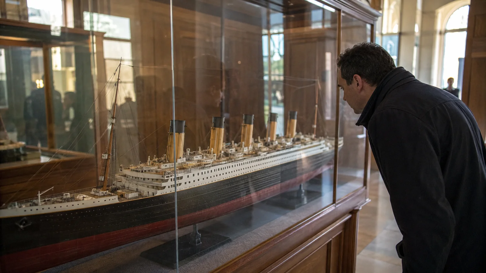 Visitor examining a scale model of a historic ocean liner in a glass case.