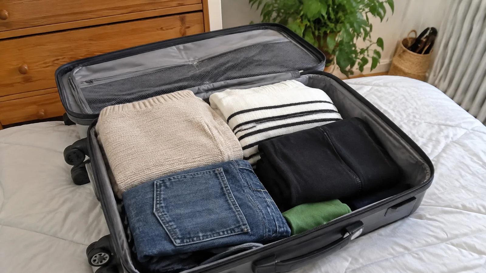 Folded sweaters, shirts and jeans fill an open suitcase.