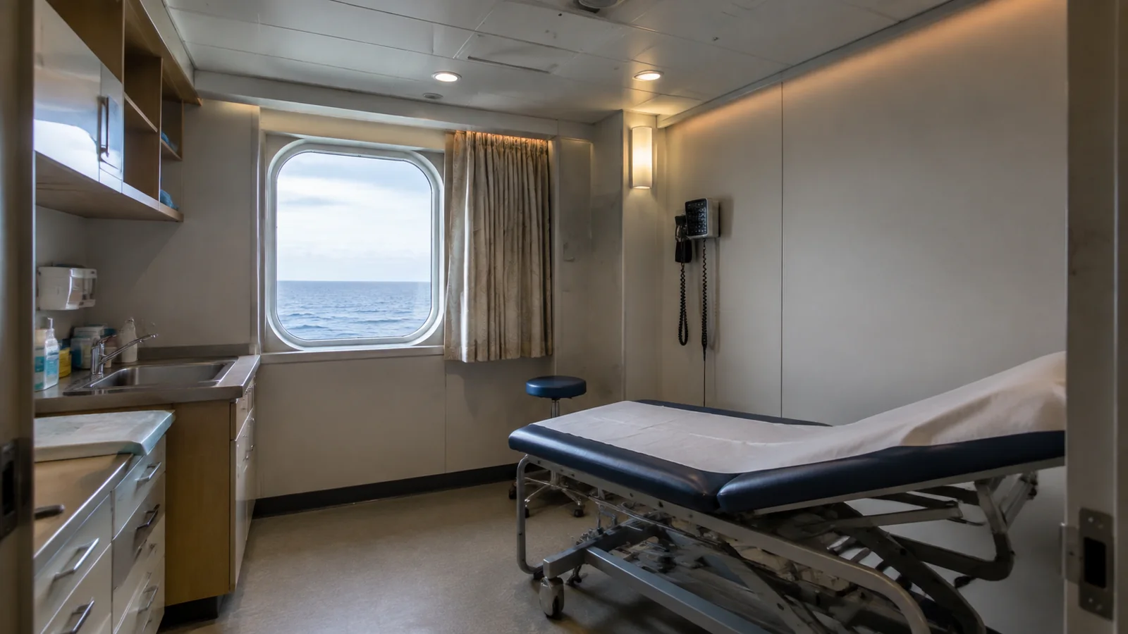 Medical examination room contains a padded bed and ocean window.