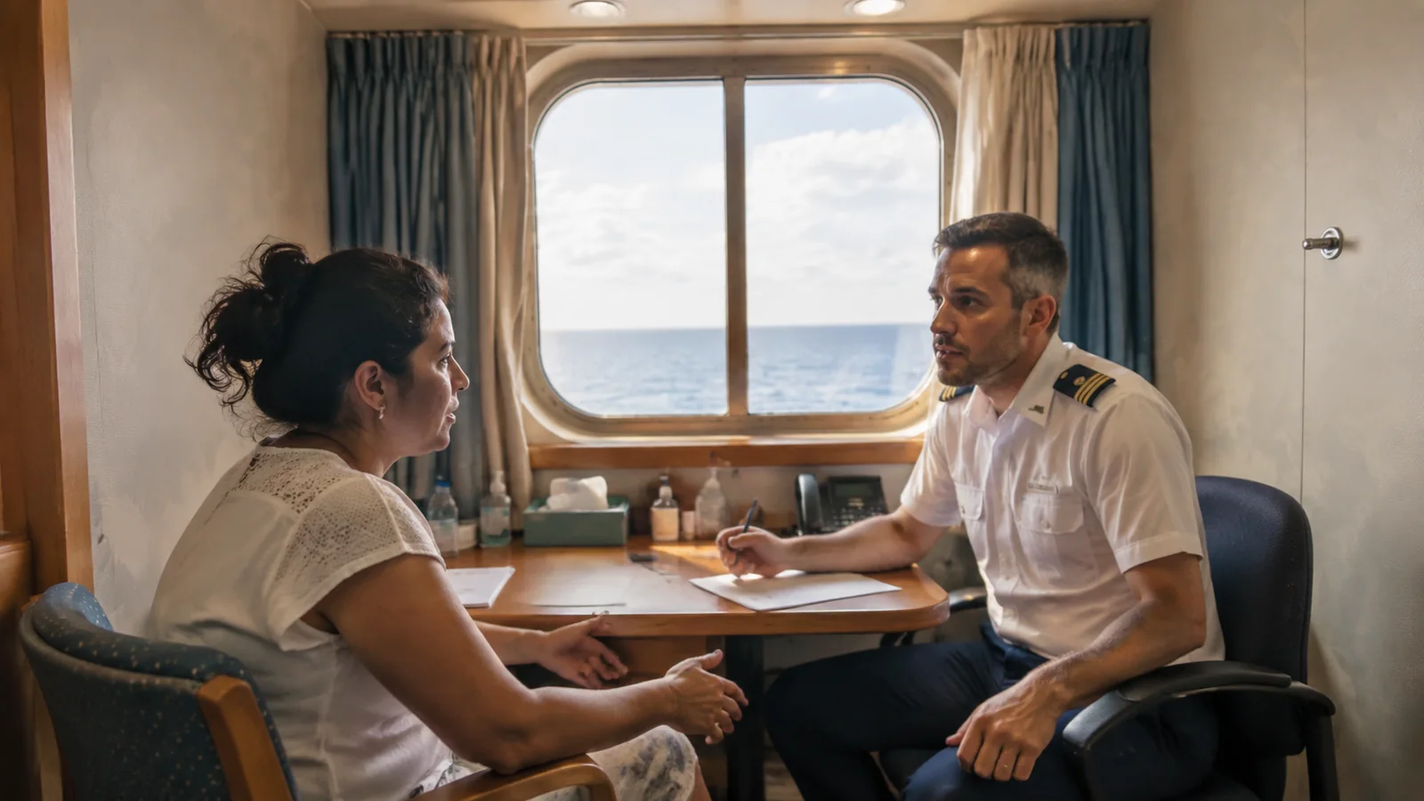 Passenger talks with a uniformed staff member across a desk.