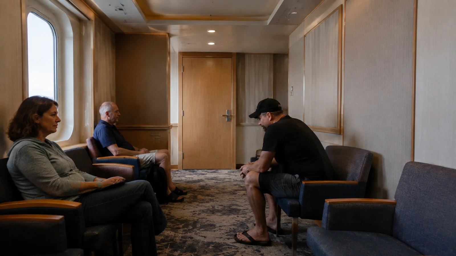 Passengers sit in chairs in a small ship waiting room.