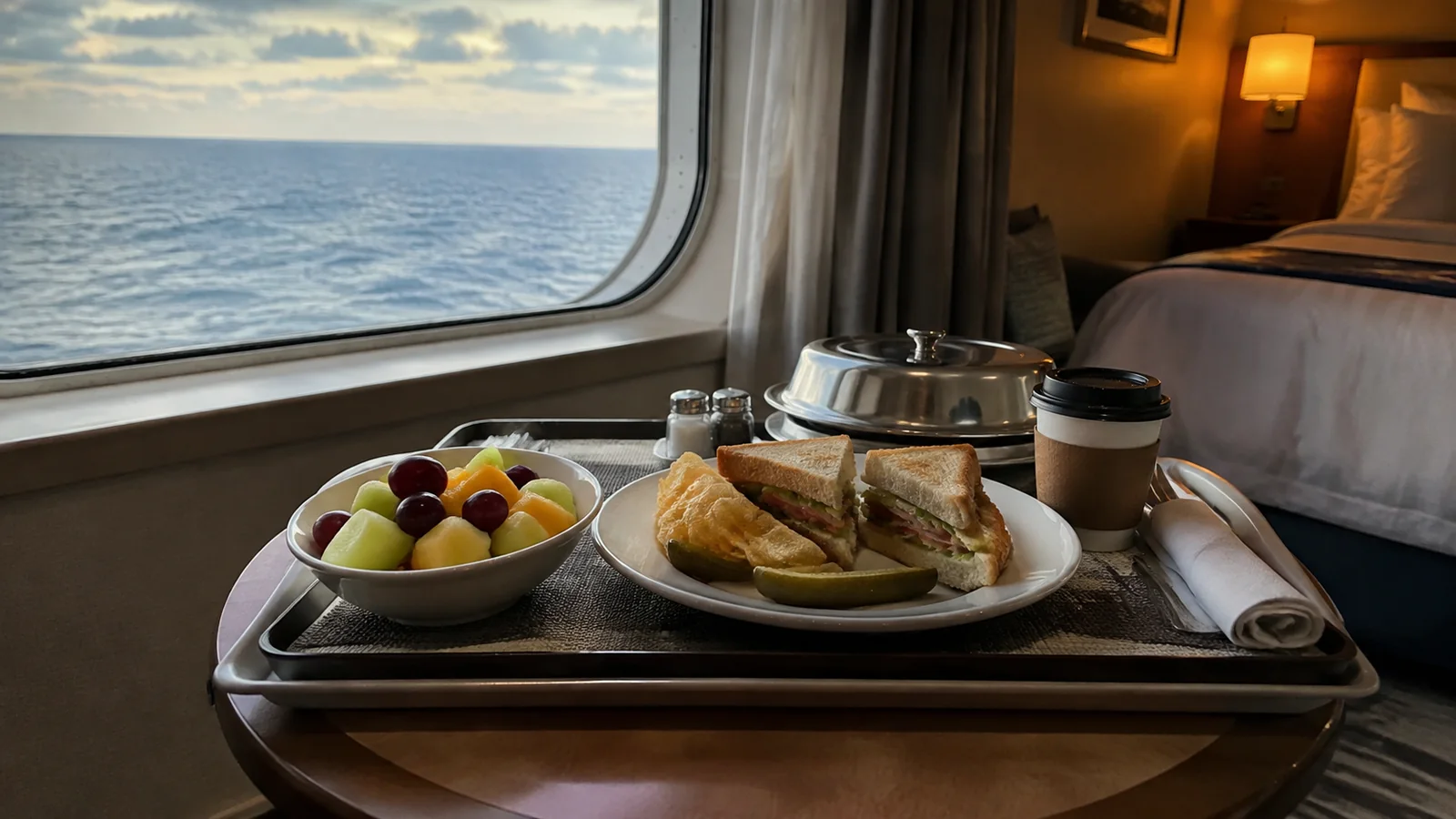 Meal tray with sandwiches and fruit sits beside a stateroom window.
