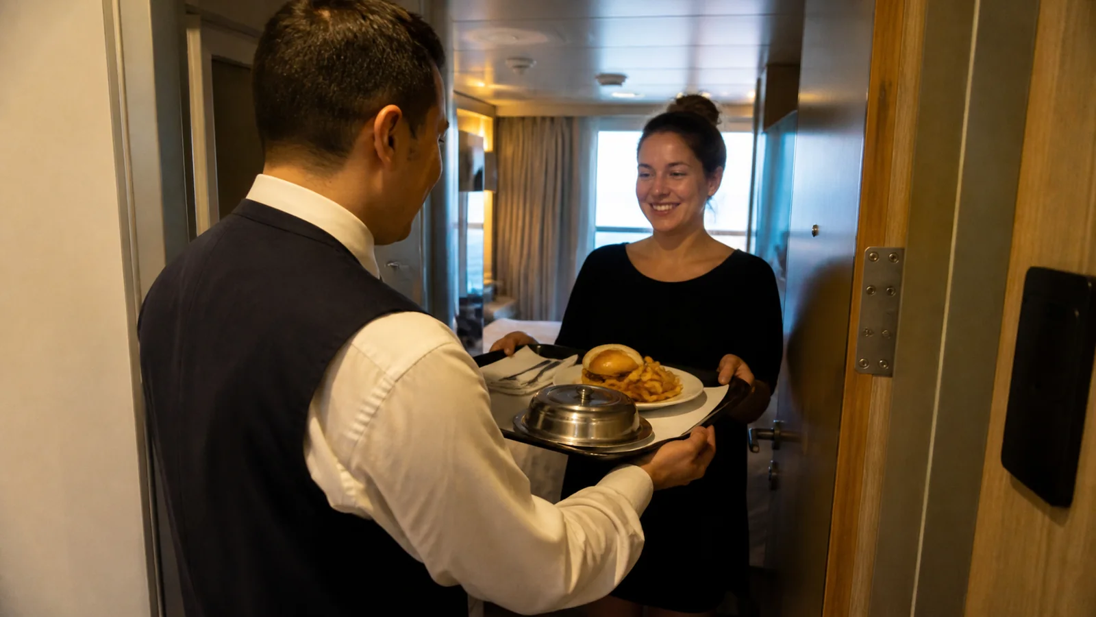 Crew member delivers a tray to a woman at her stateroom door.