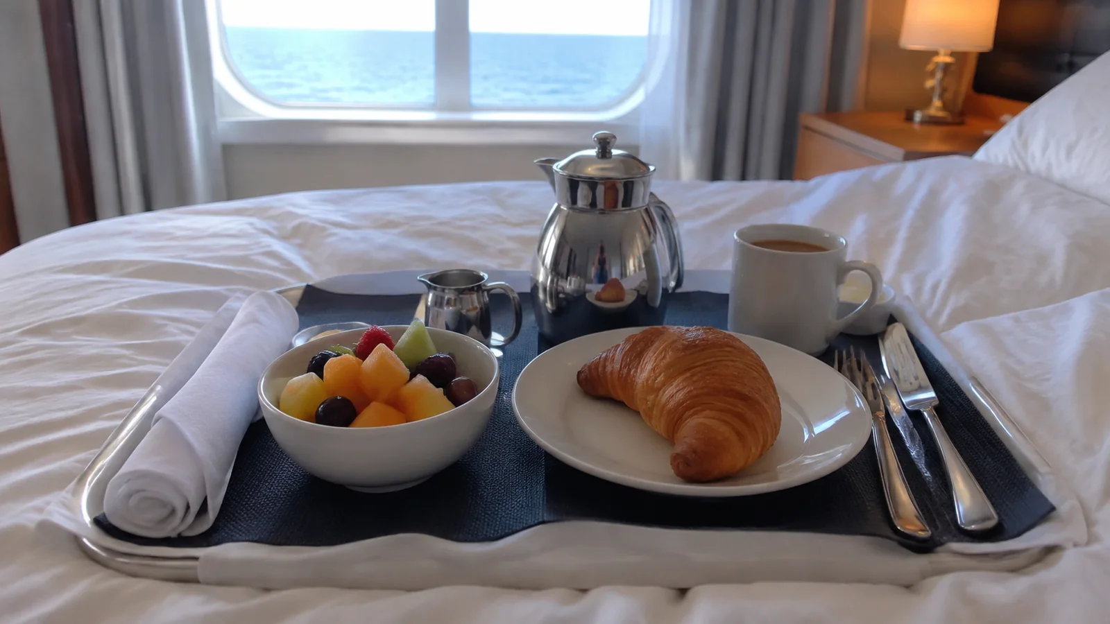 Breakfast tray with croissant, fruit and coffee rests on a bed.