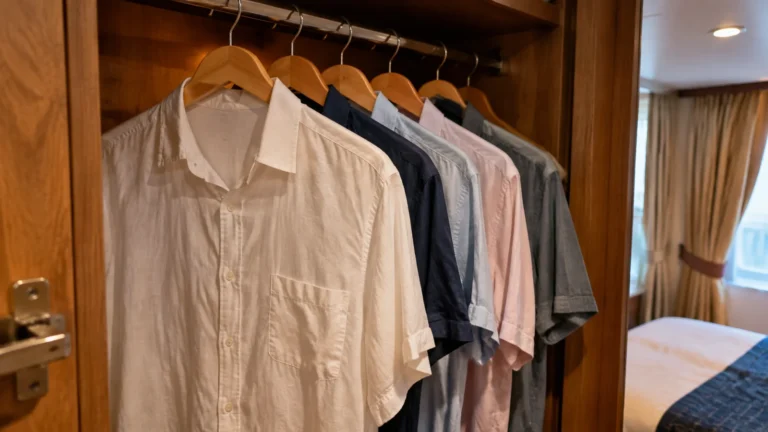 Collared shirts hanging in a cruise cabin wardrobe.