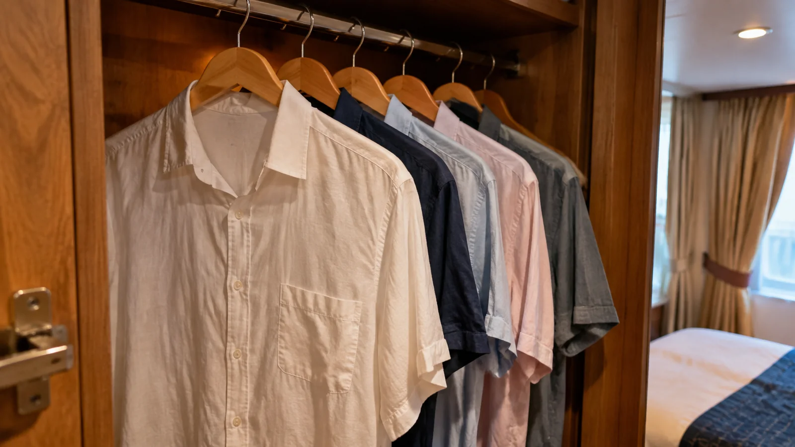 Collared shirts hanging in a cruise cabin wardrobe.