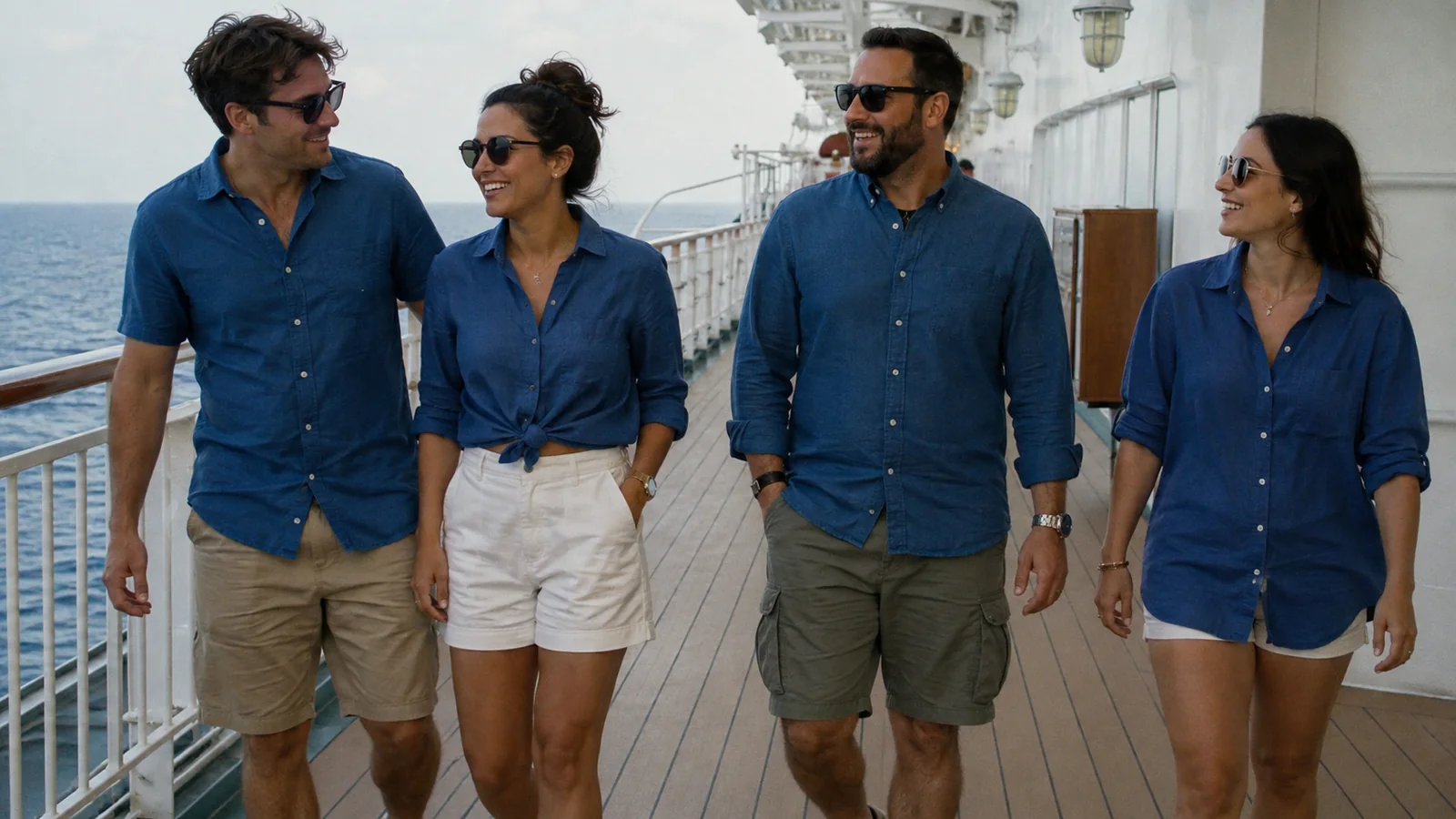 Friends wearing blue shirts while walking along an open ship deck.