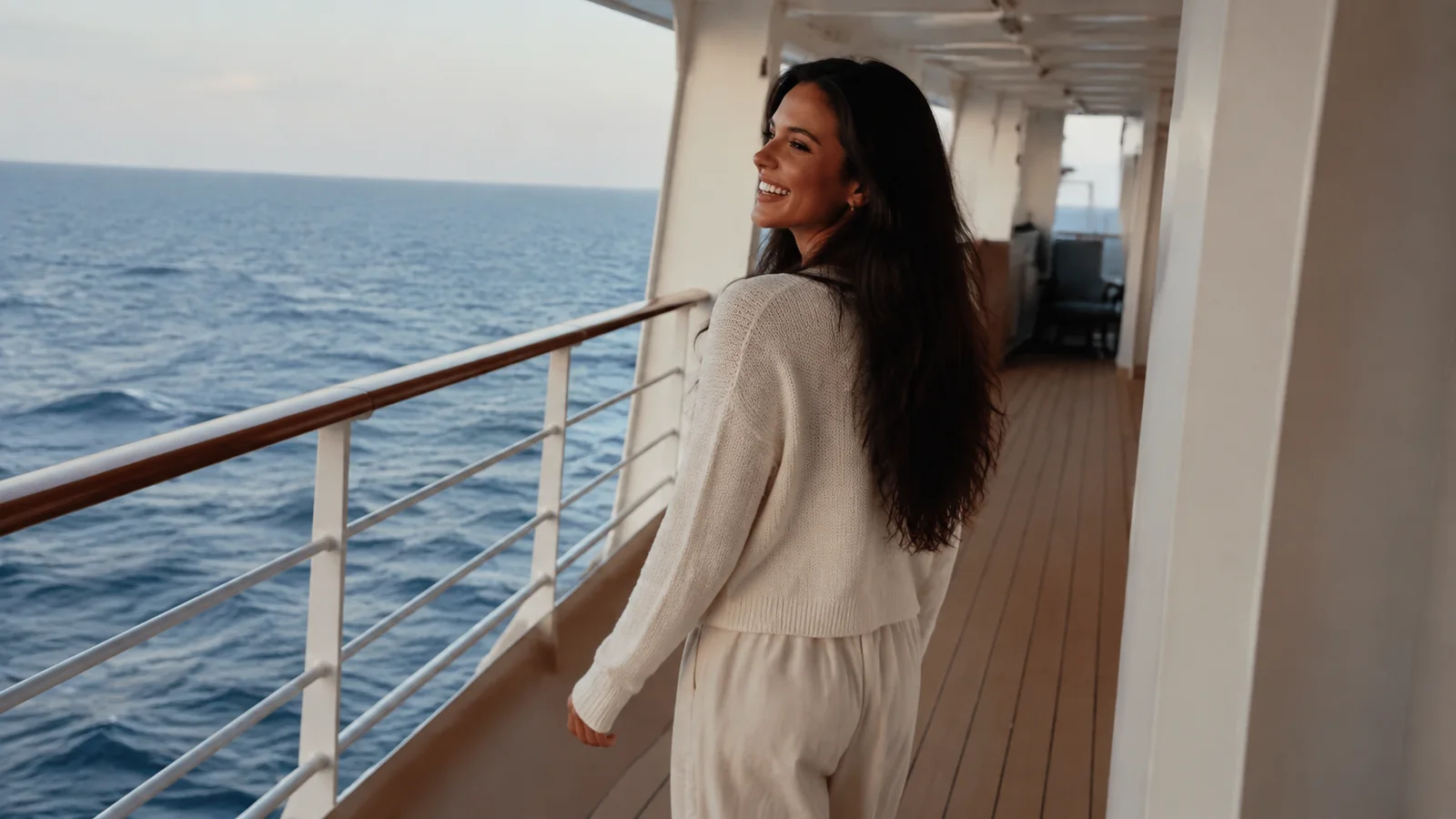 Woman walks along a covered ship promenade beside the ocean.
