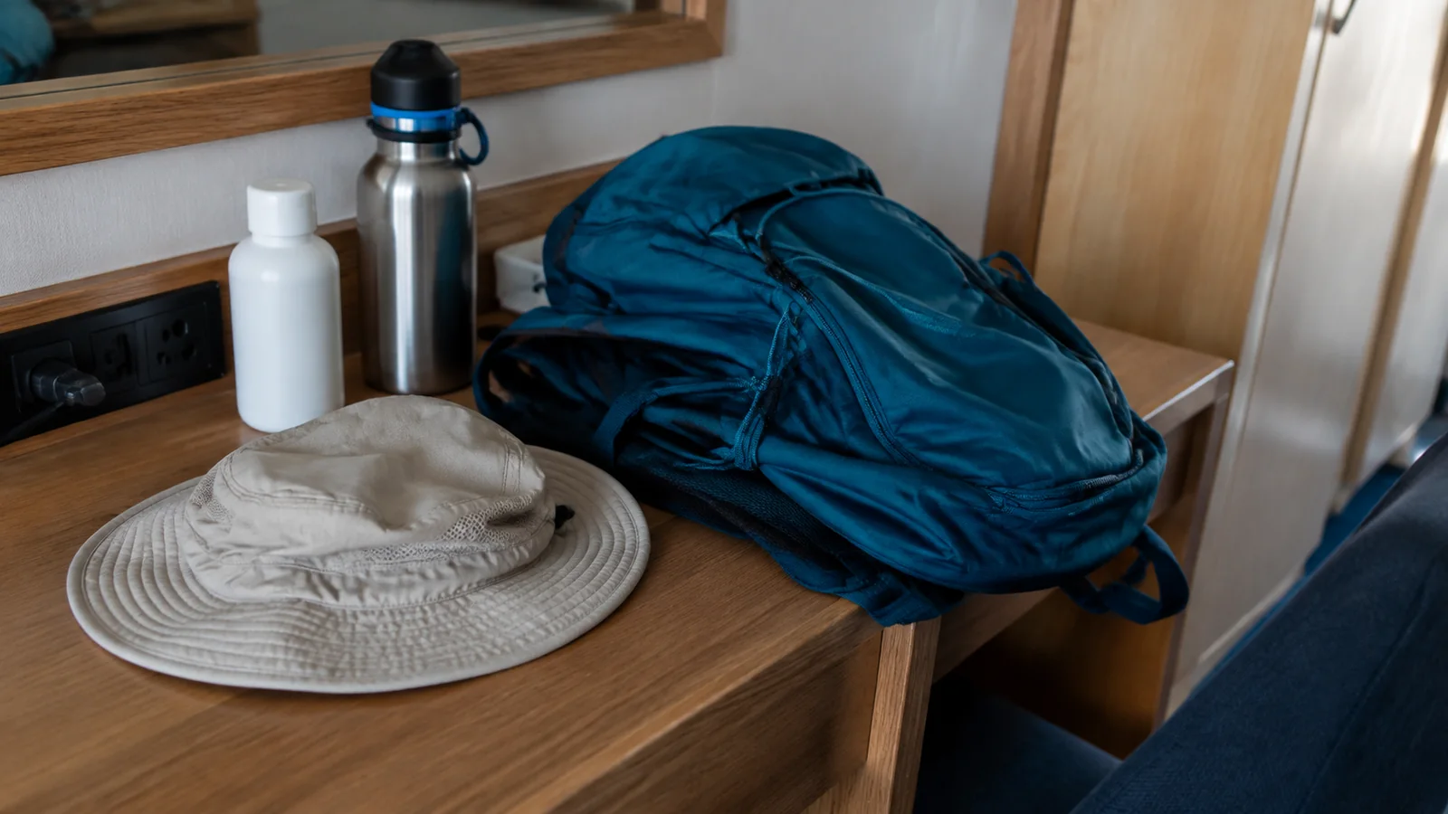 Backpack, sun hat, sunscreen, and reusable bottle rest on a cabin desk.