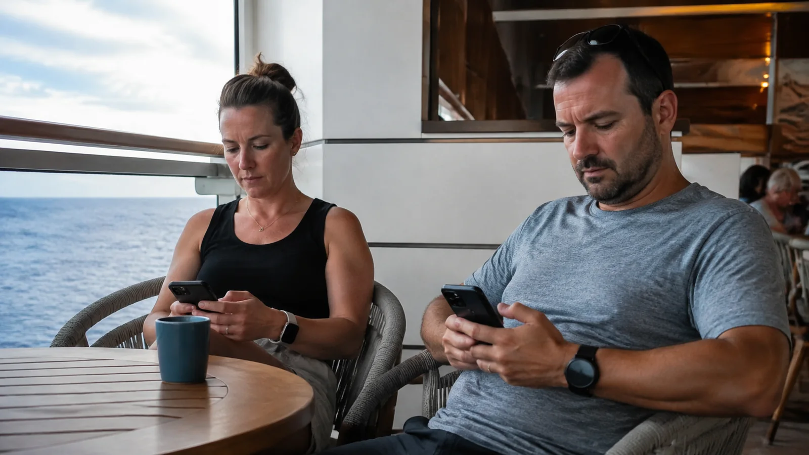 Couple checks smartphones while seated at a ship lounge table.