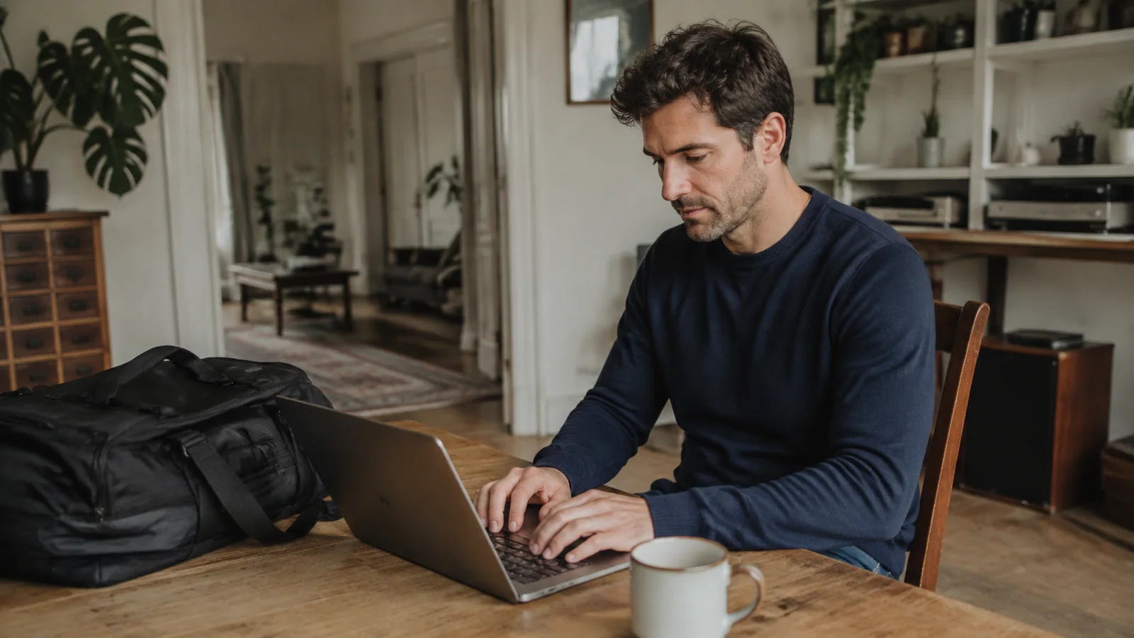 Man works on a laptop beside a backpack at home.