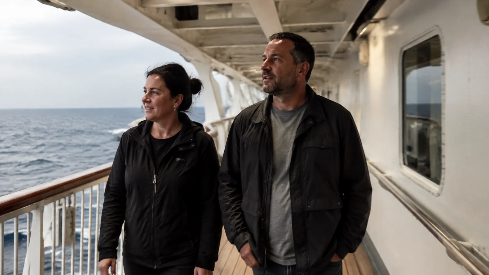 Couple walking along a covered cruise promenade.