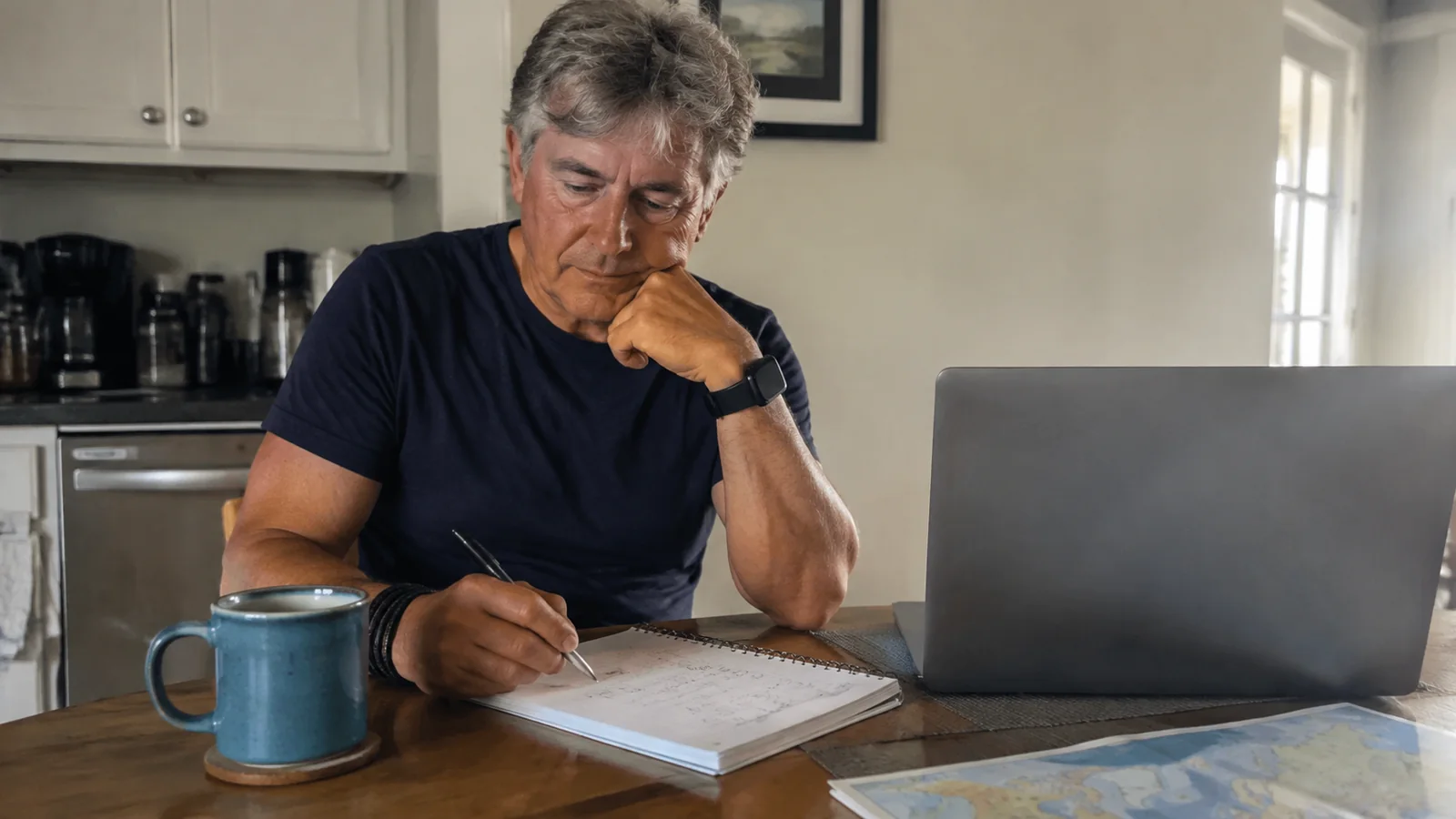 Man planning a trip with a notebook, map and laptop.