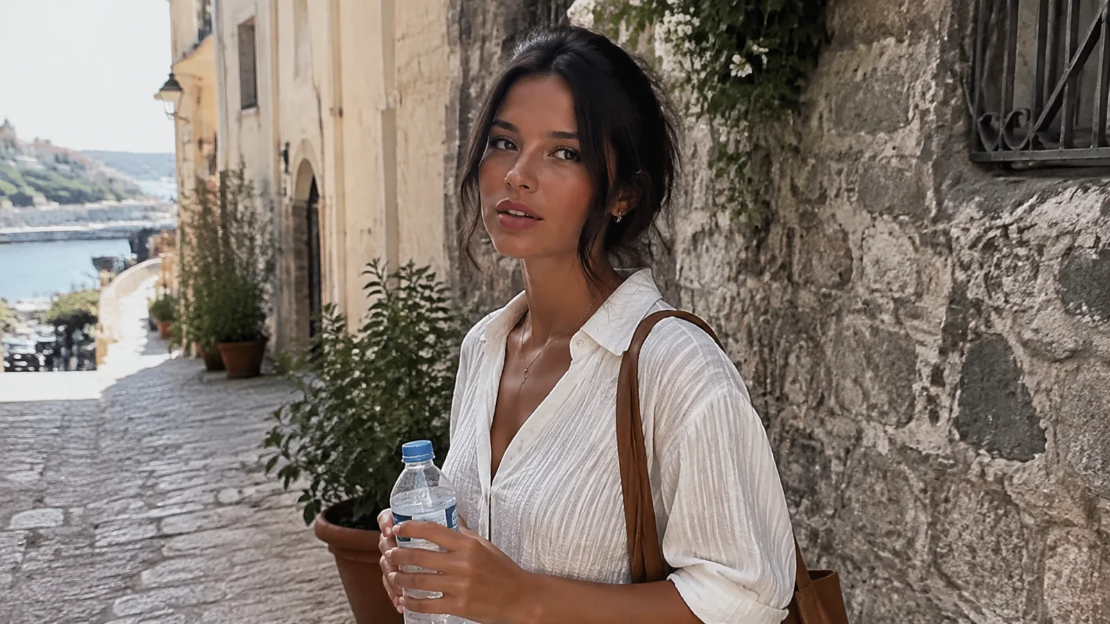 Woman holding a water bottle on a narrow stone street.