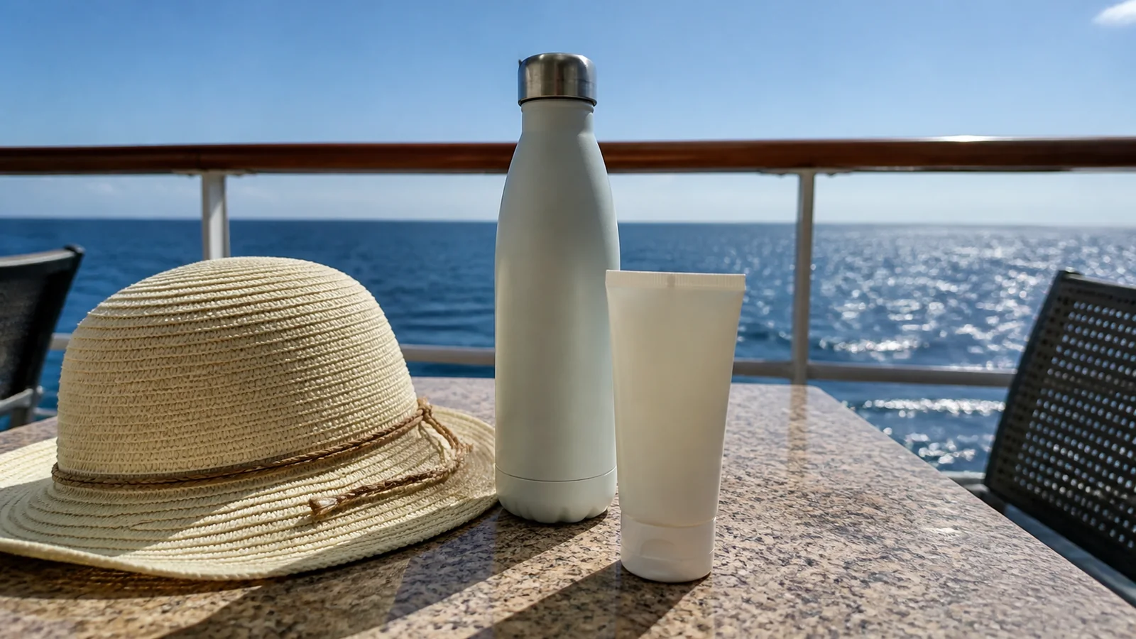 Sunhat, water bottle and sunscreen on an outdoor ship table.