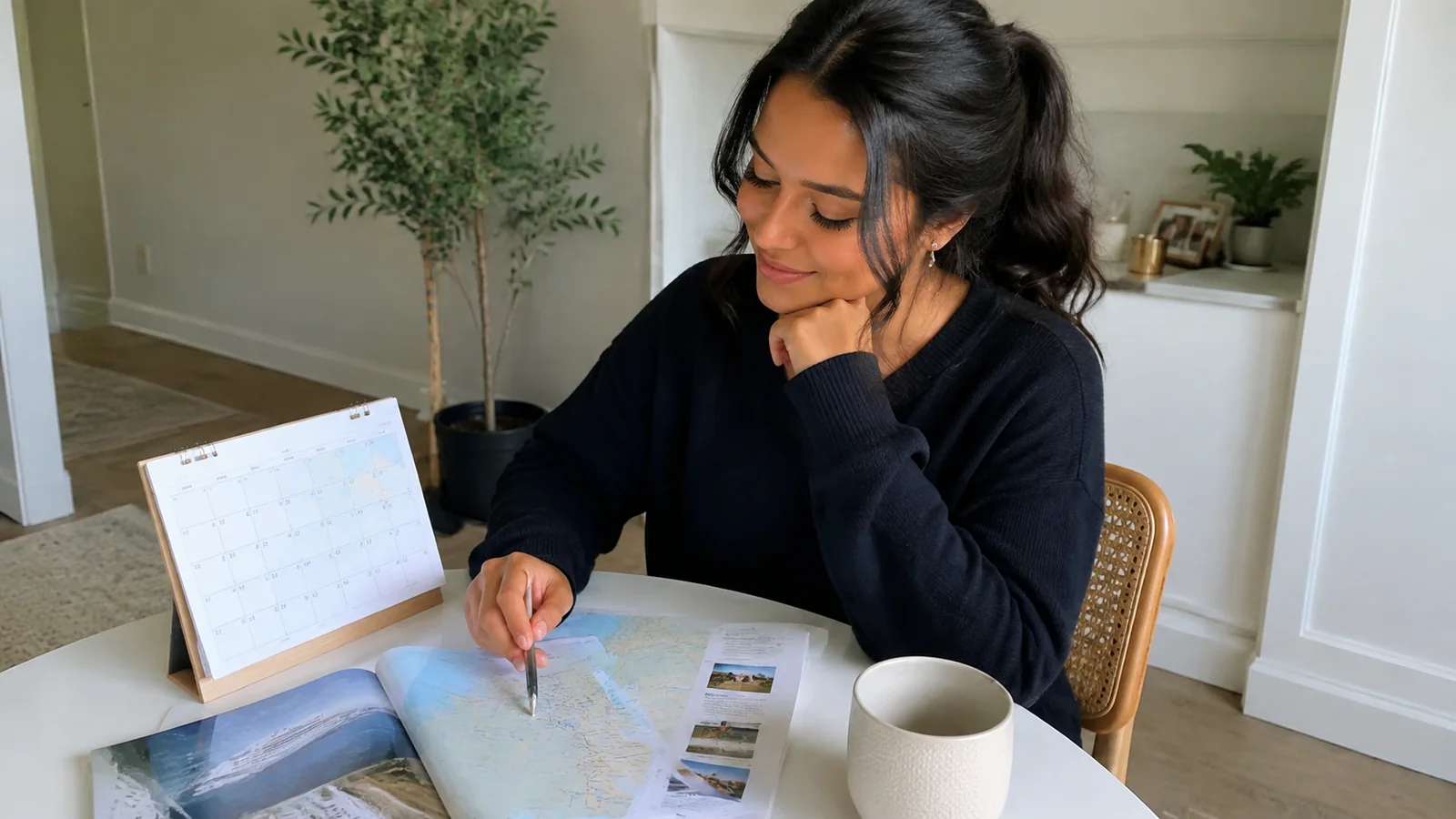 Woman planning a trip with a map and desk calendar.