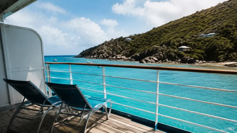 Empty loungers on a cruise deck beside a bright turquoise cove.