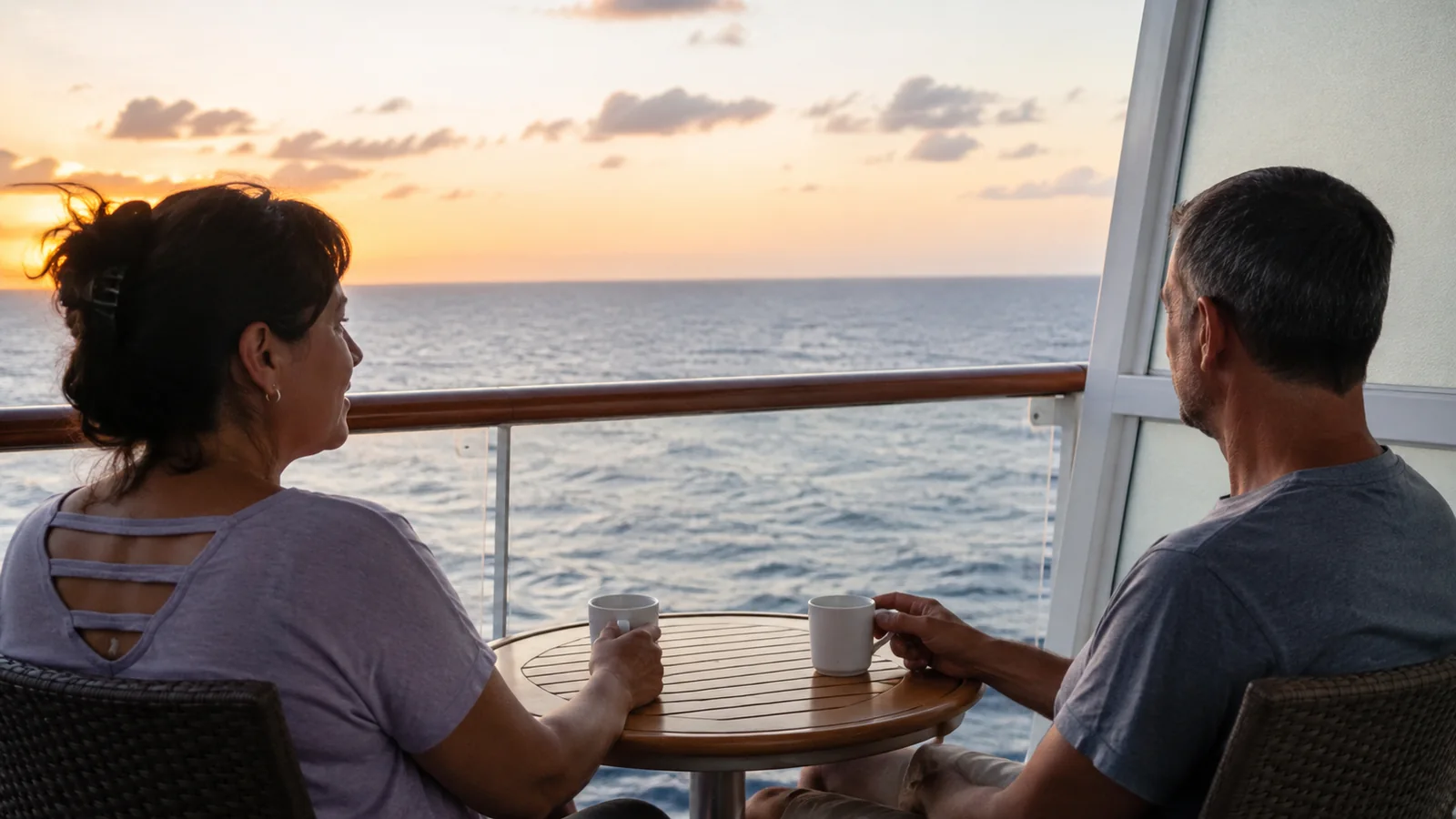 Couple enjoying drinks on a balcony at sunset.