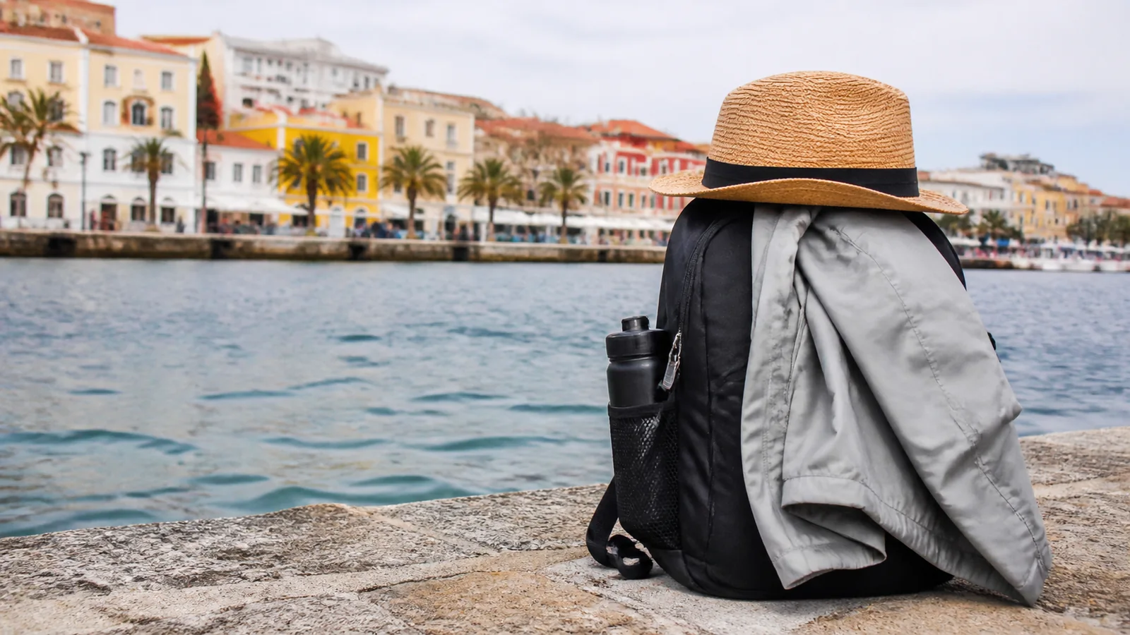 Sunhat and light jacket draped over a backpack beside a harbor.