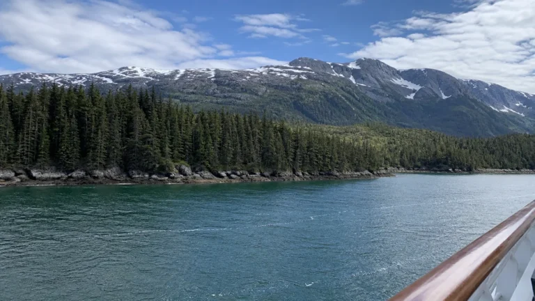 Cruise-ship view of evergreen forest and snow-streaked mountains.