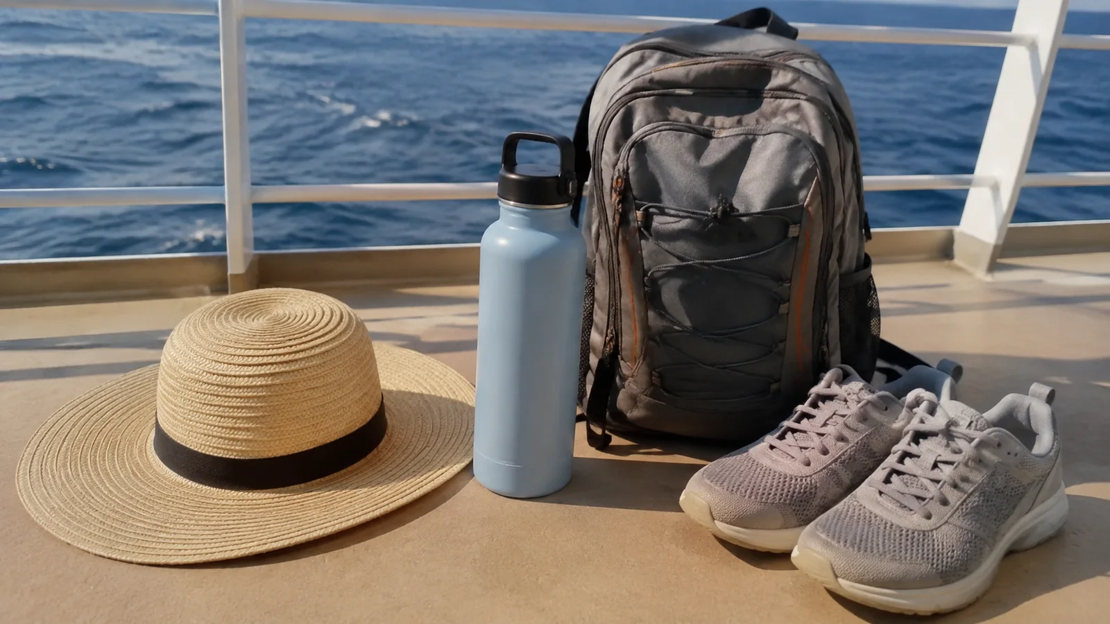 Backpack, sunhat, walking shoes and reusable bottle on an open deck.