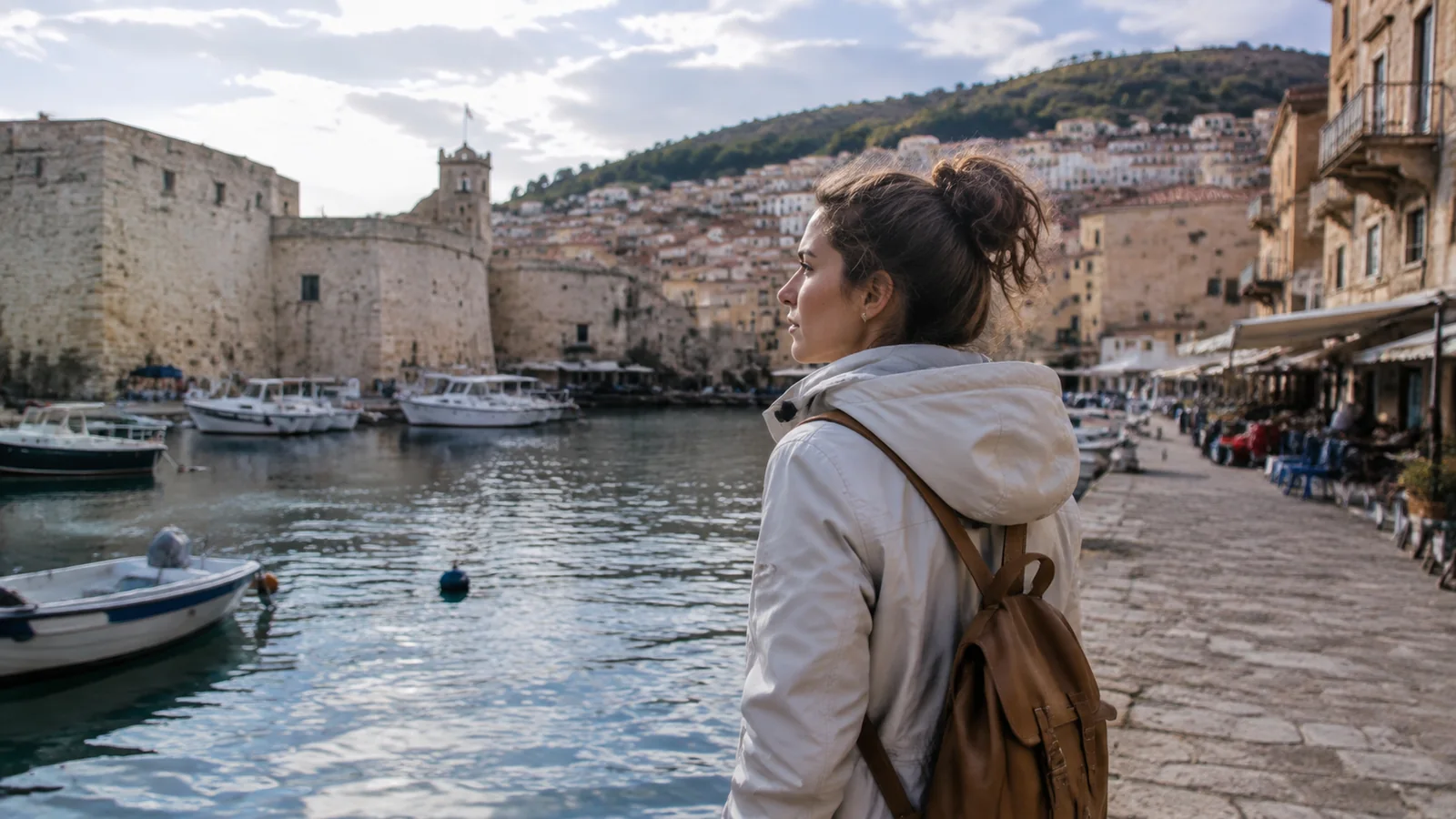 Traveler walking beside a stone-walled harbor.