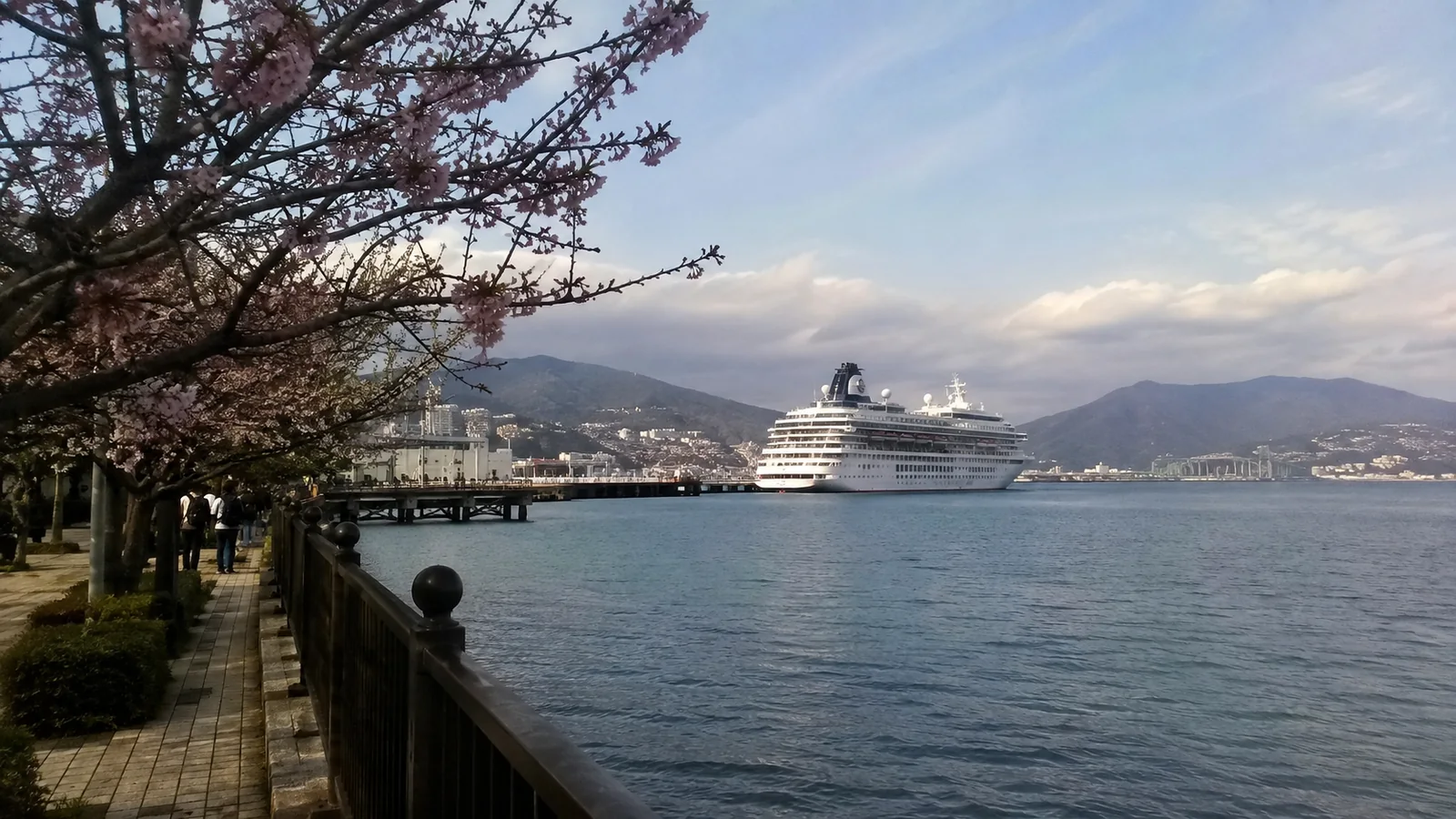Cruise ship in a harbor beside flowering trees and distant mountains.