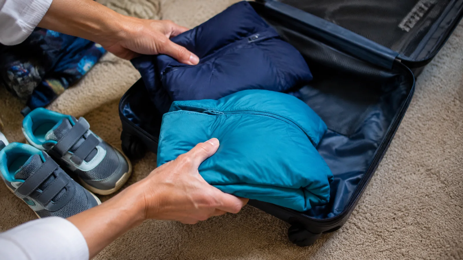 Hands packing warm jackets into an open suitcase.