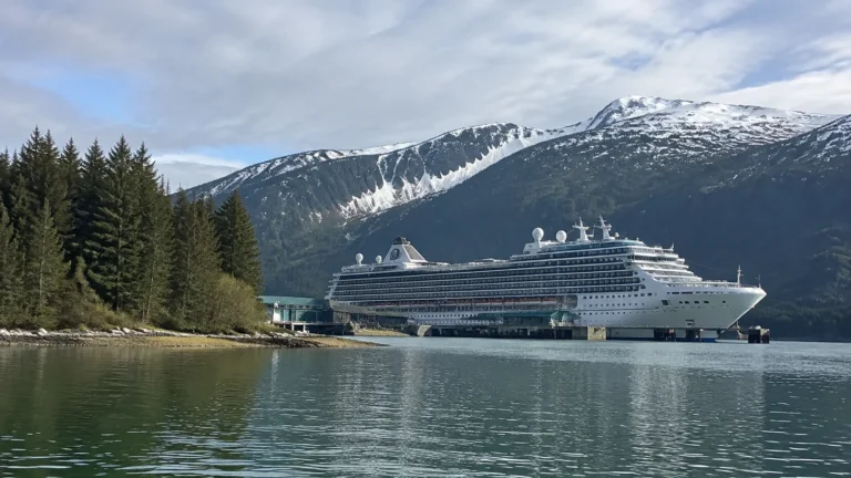 Cruise ship beside a forested shore beneath snowy mountains.