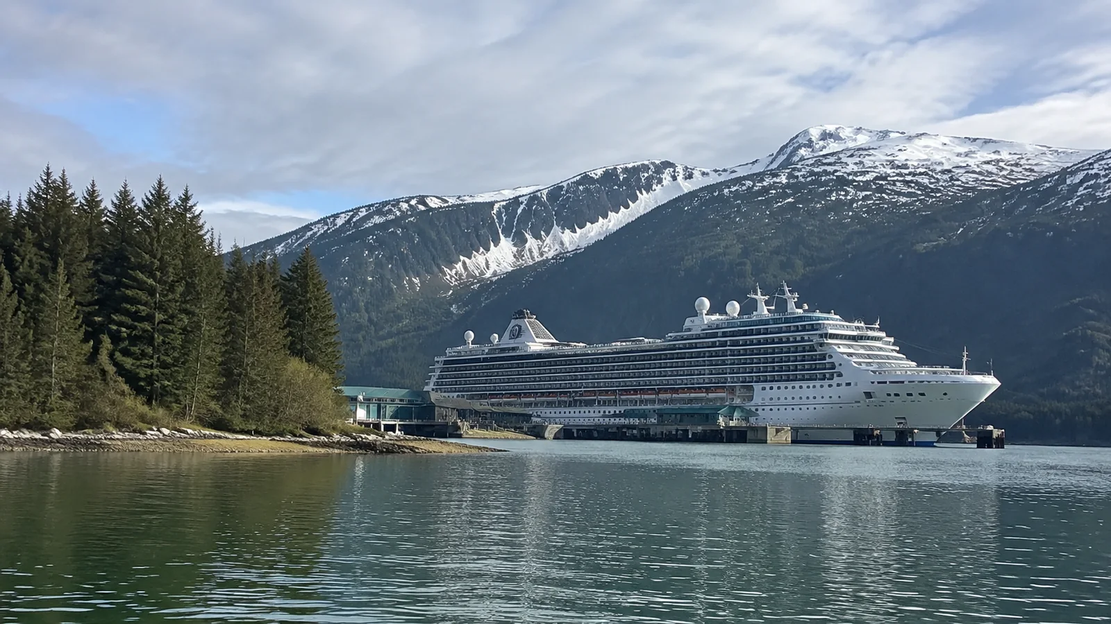 Cruise ship beside a forested shore beneath snowy mountains.
