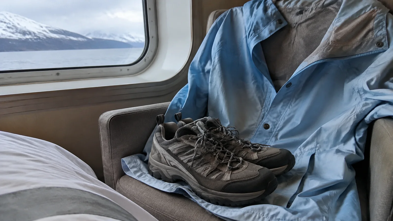 Hiking shoes and blue rain jacket beside a cabin window.