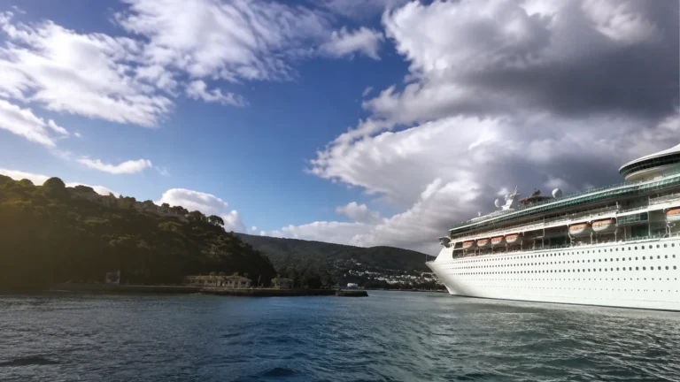 Cruise ship beside a wooded harbor beneath dramatic clouds.
