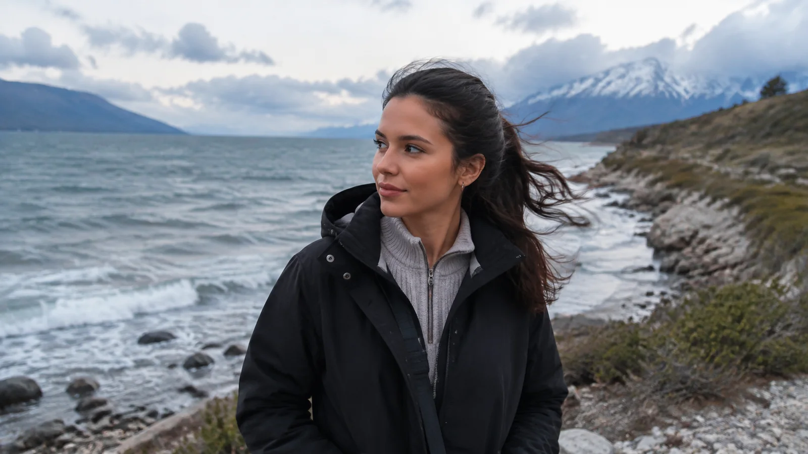 Woman in a dark jacket walking along a windy rocky lakeshore.