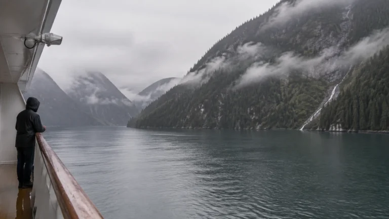 Passenger watching mist-shrouded mountains and a waterfall from a ship.