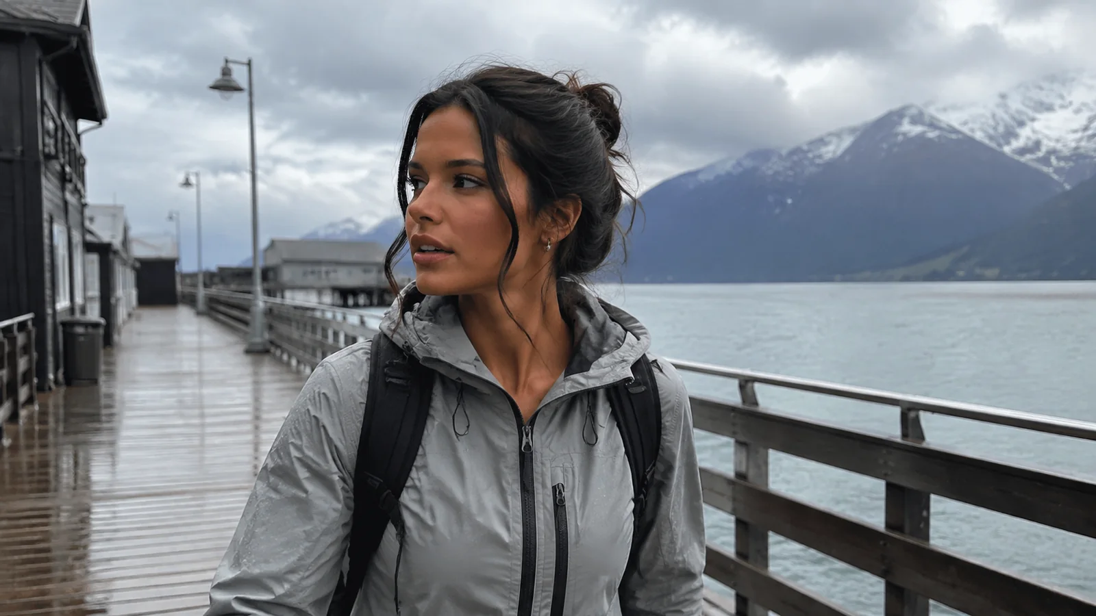Woman in a rain jacket on a wet waterfront boardwalk.
