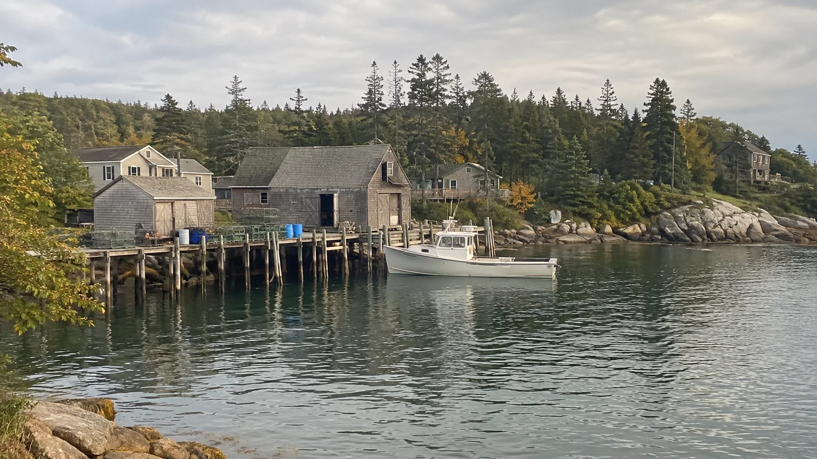 Small fishing harbor with wooden buildings and forested shores.