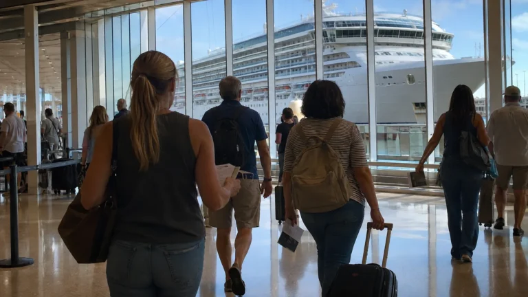 Passengers with rolling luggage queuing inside a glass-walled cruise terminal.
