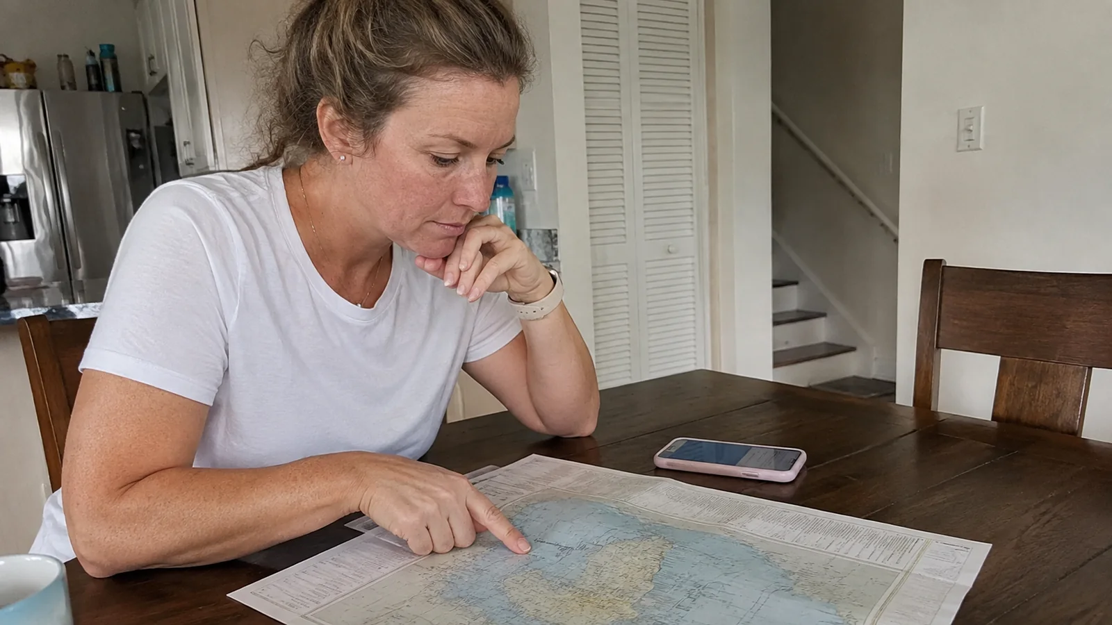 Woman studying a map and paperwork at a dining table.