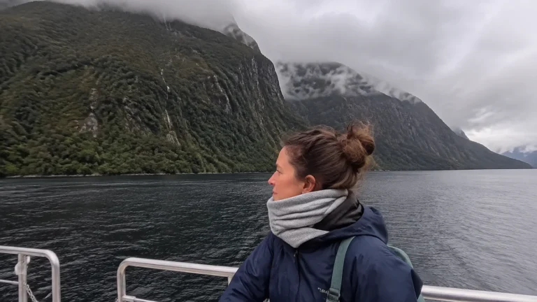 Passenger in a jacket and scarf viewing a mist-covered fjord from a boat.