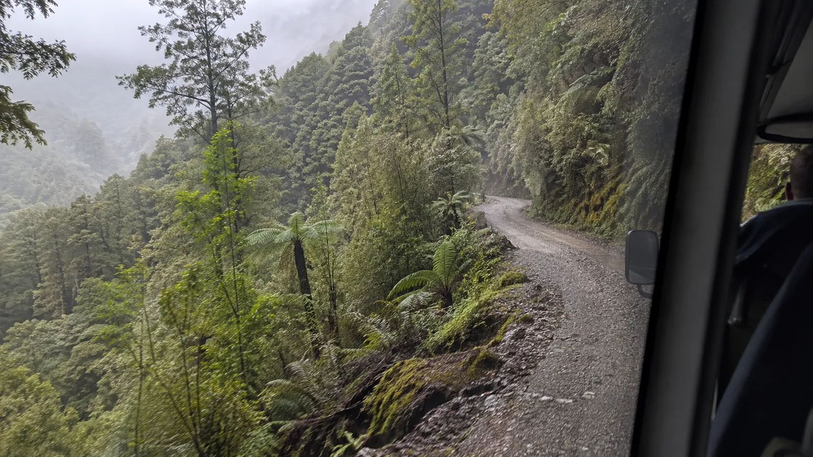 Narrow gravel road winding through dense rainforest viewed from a vehicle.