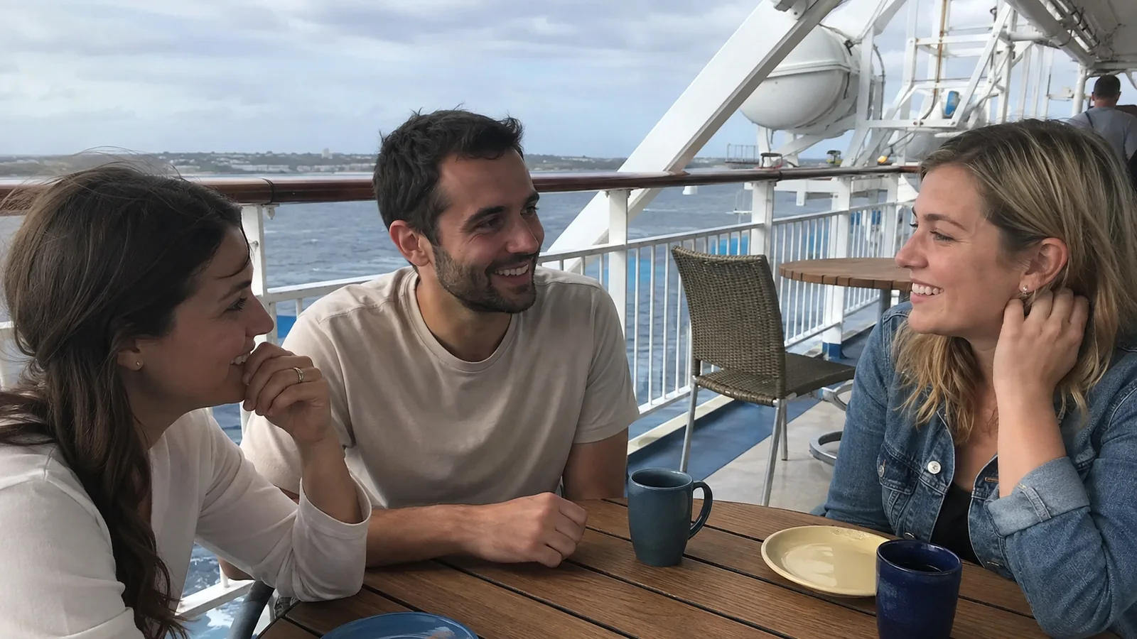 Three friends talking over drinks at an outdoor ship table.