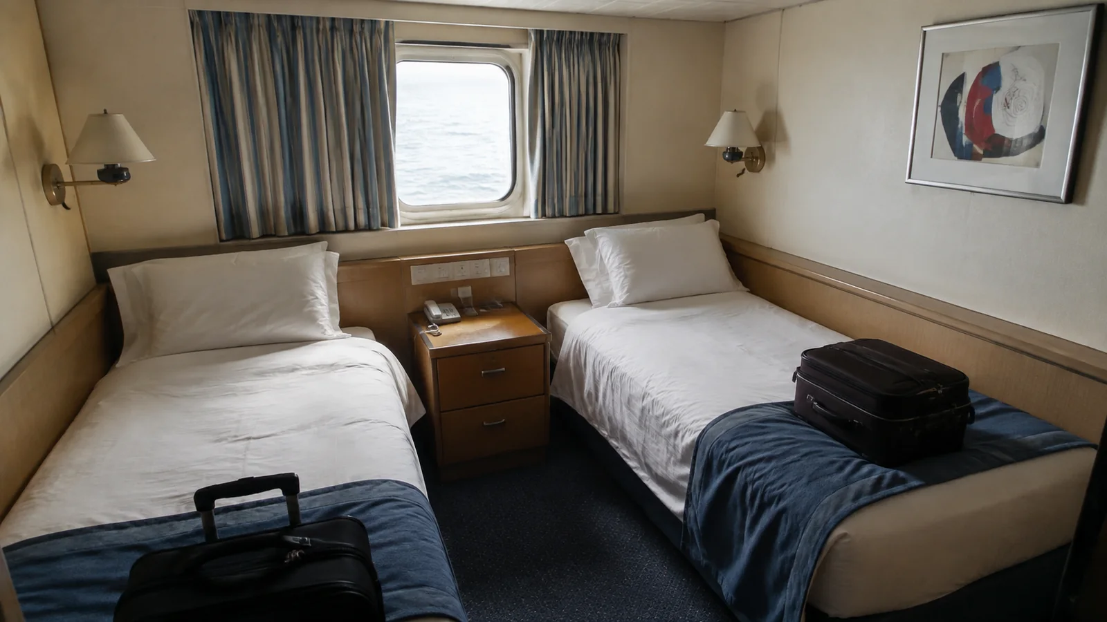 Twin beds and a small suitcase inside an ocean-view ship cabin.