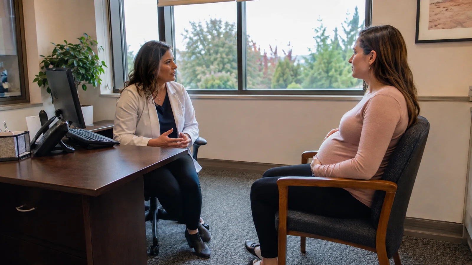 Woman speaking with a clinician across a desk in a bright office.
