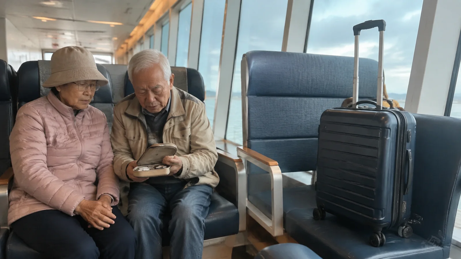 Older couple checking travel items while seated beside a wheeled suitcase.