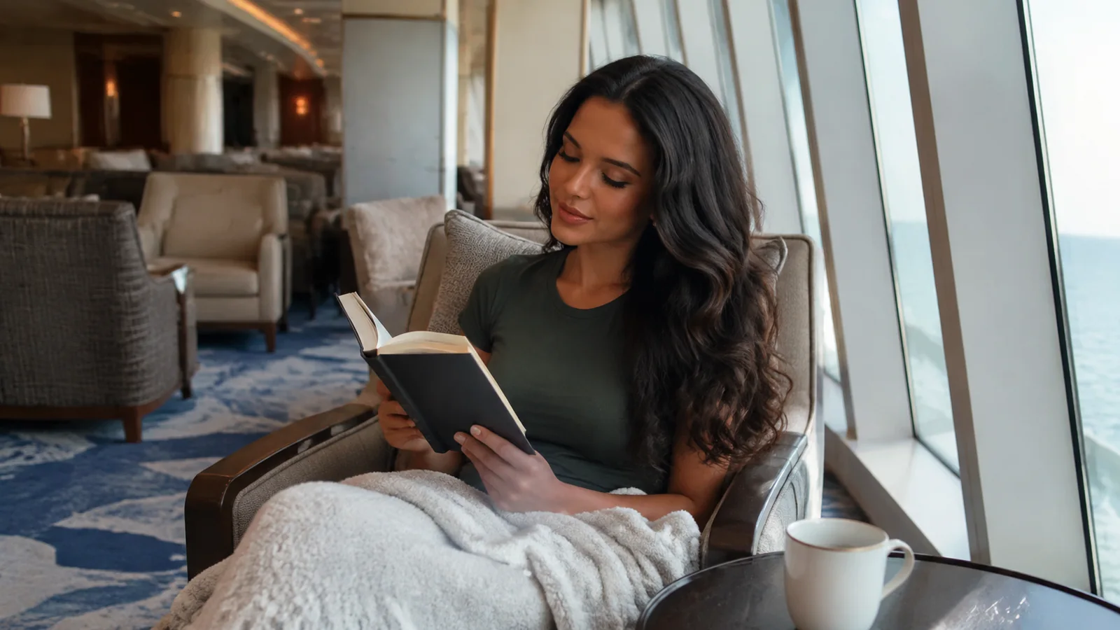 Woman reading a book beneath a blanket beside a lounge window.