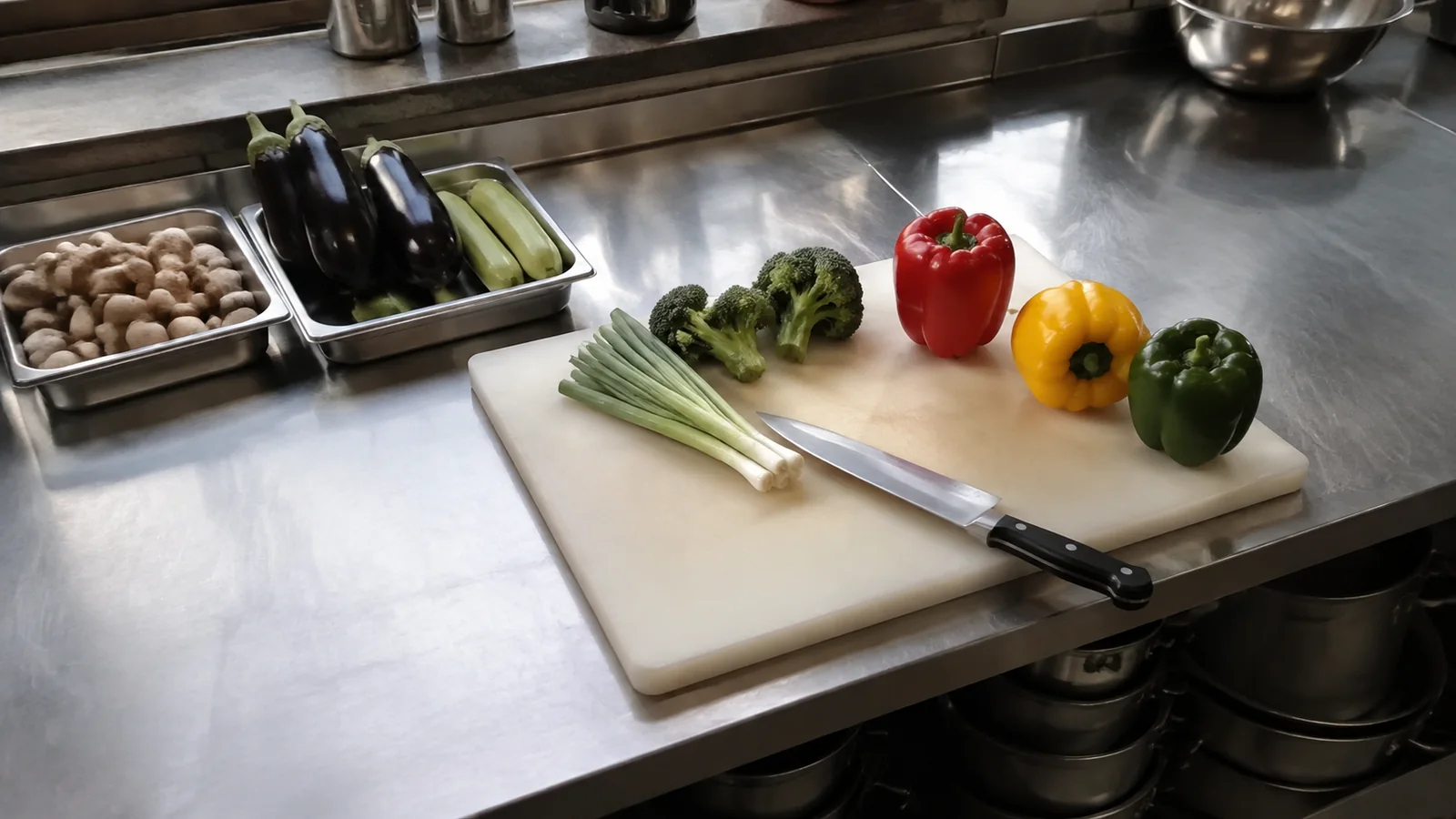 Fresh vegetables and a knife on a cutting board in a commercial kitchen.