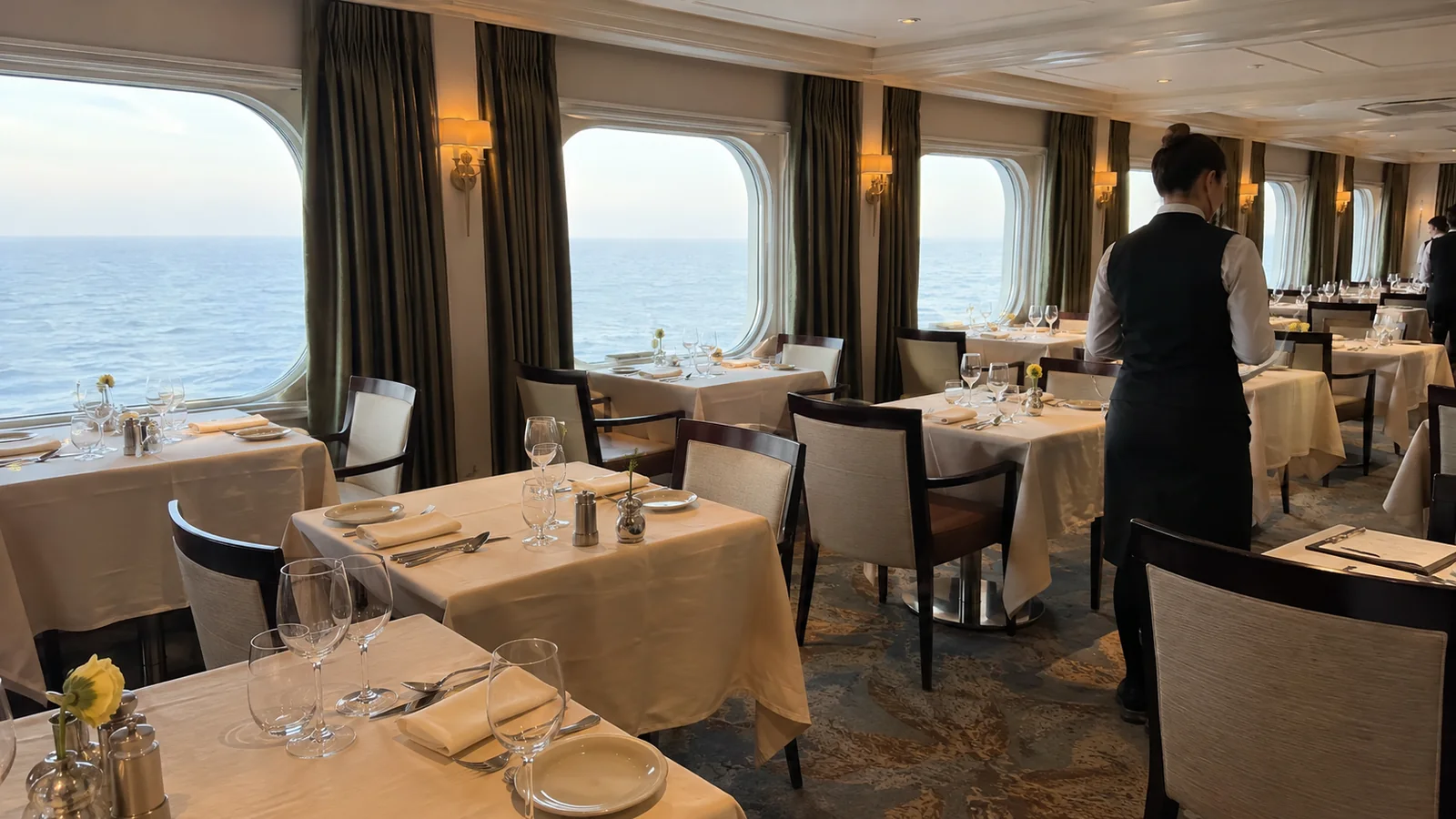 Server arranging tables in a quiet ocean-view dining room.