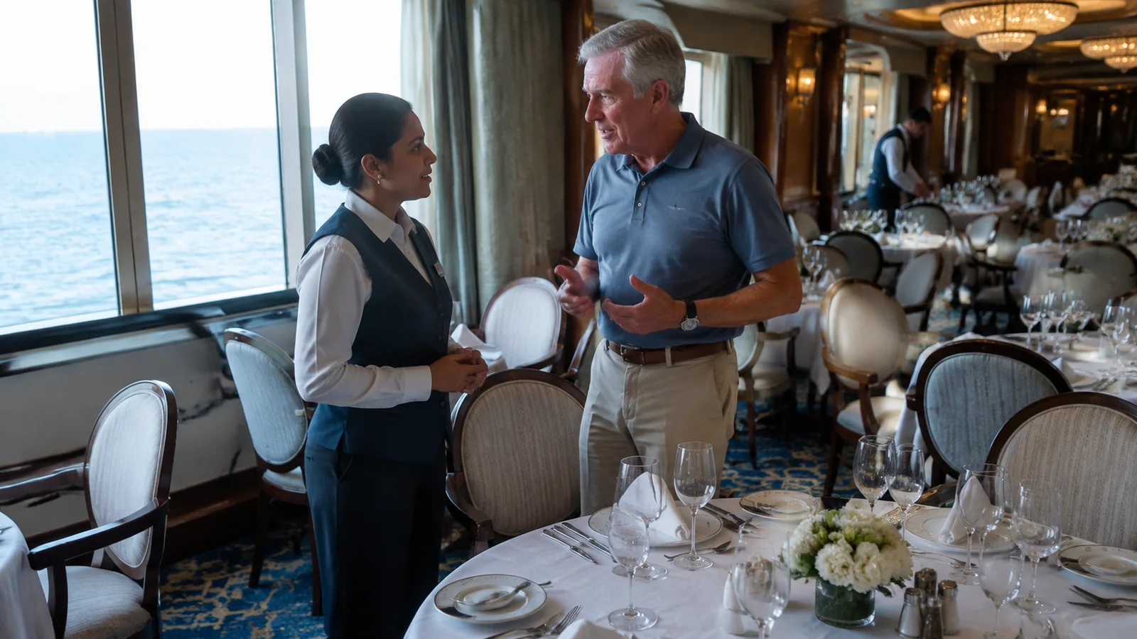 Passenger speaking with a server beside a set restaurant table.