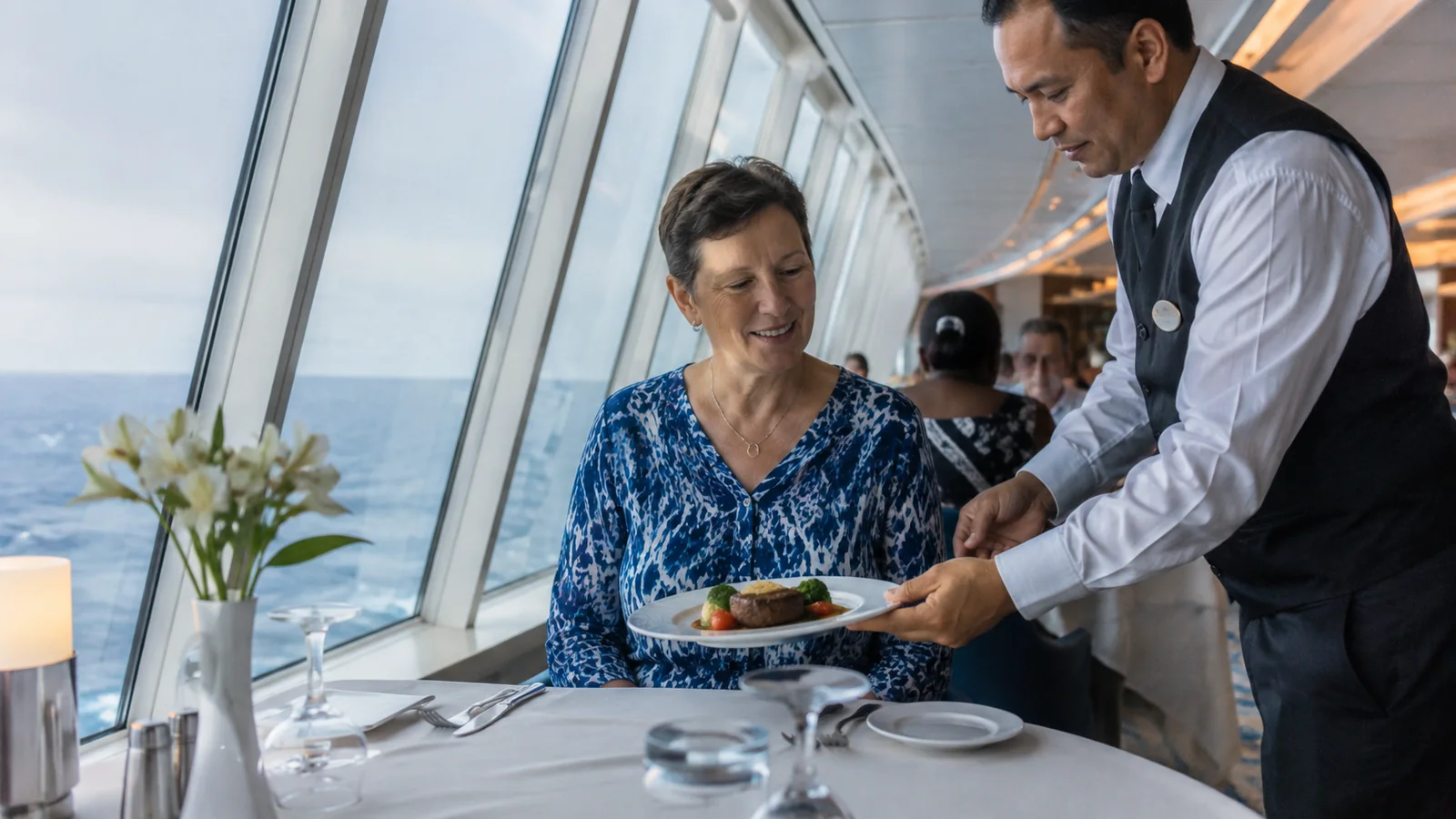 Server presenting a plated meal to a seated woman beside an ocean window.
